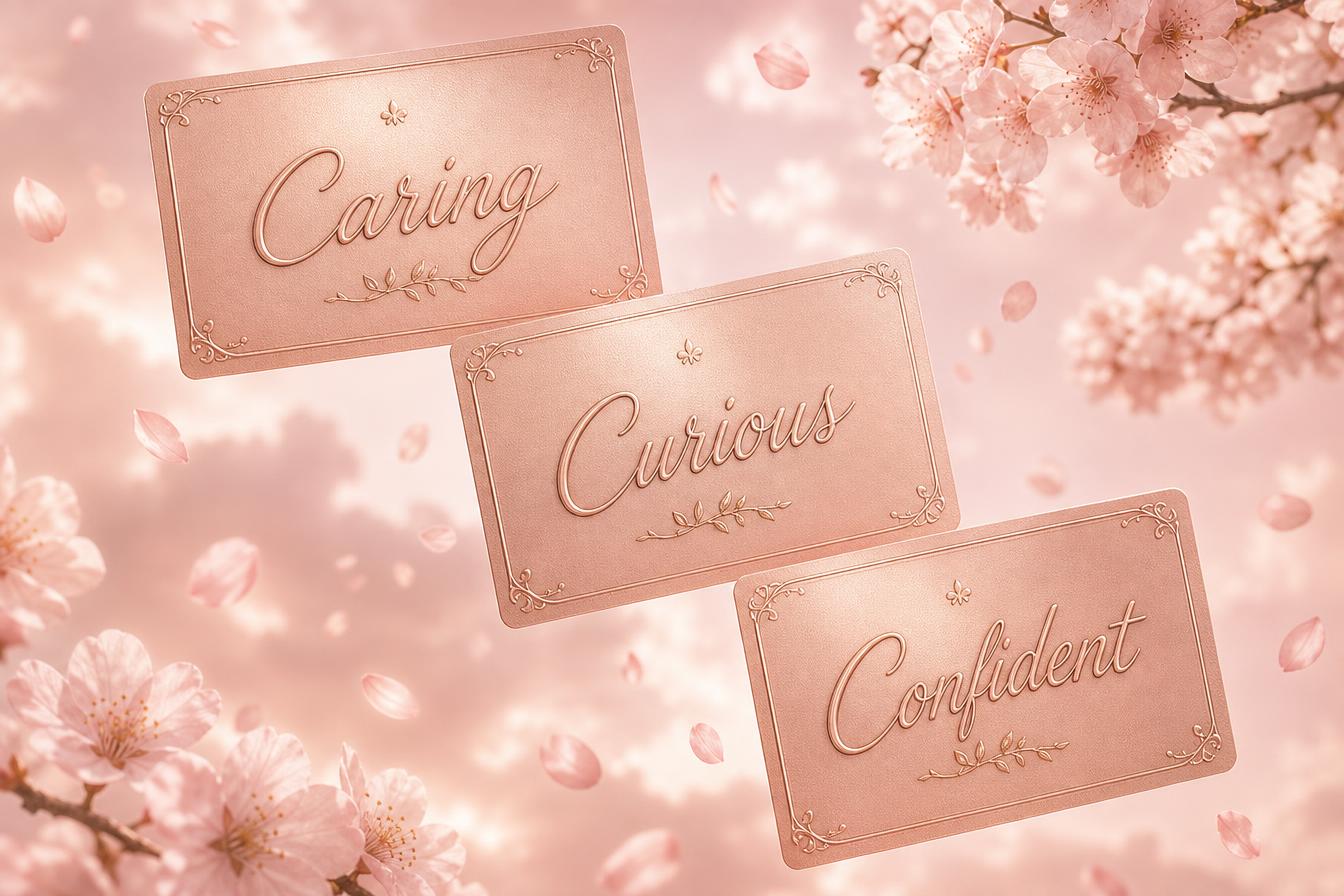 Three rose-gold cards reading Caring, Curious and Confident floating in a cherry blossom sky